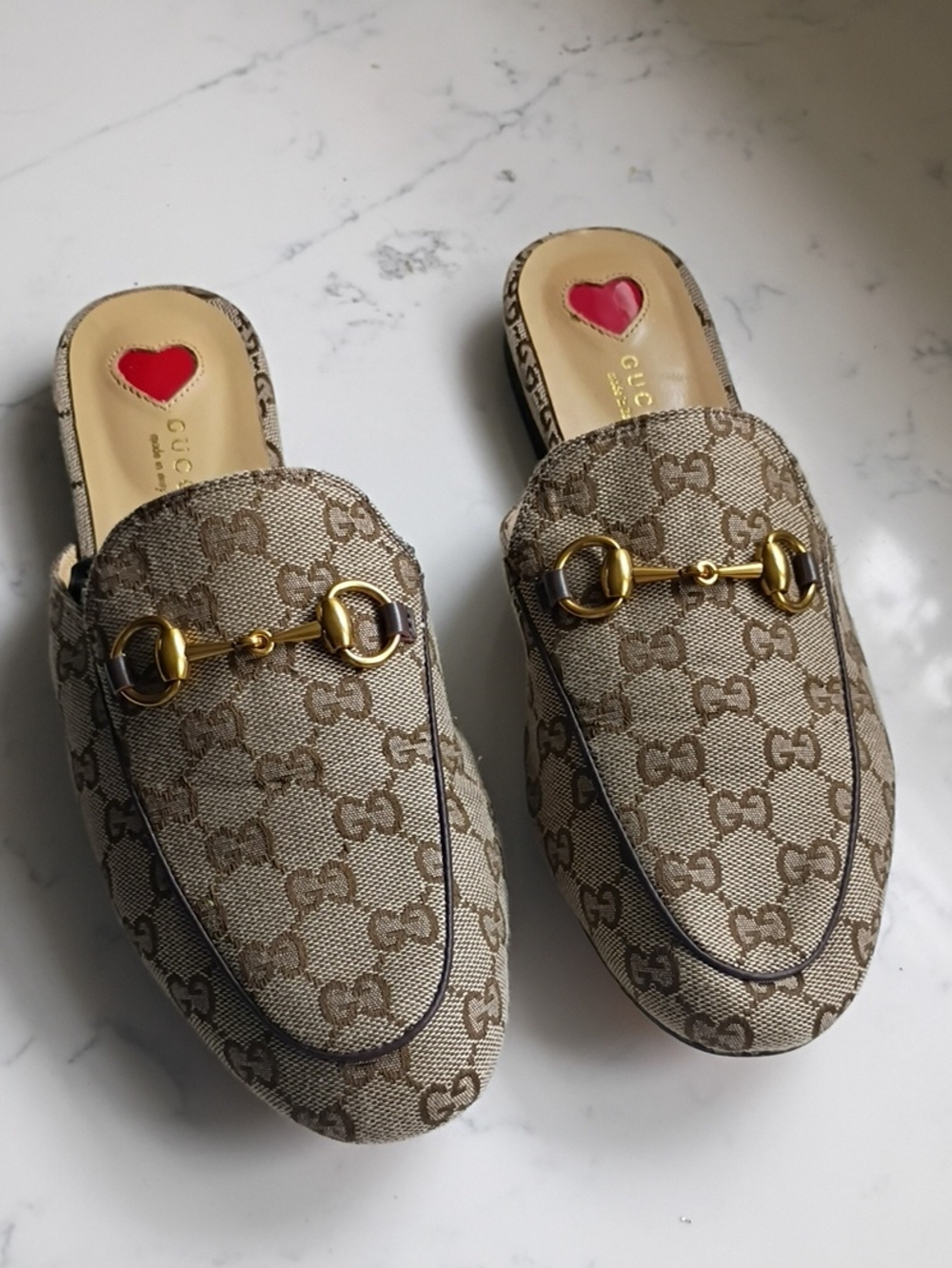 Gucci Brown Monogram Horsebit Slip-On Mules